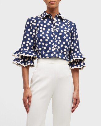 Polka Dot Button-Front Shirt with Ruffle Trim