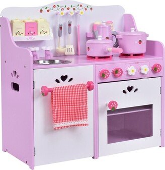 Kids Wooden Kitchen Toy Strawberry Pretend Cooking Playset - 23.6 x 11.6 x 24.4