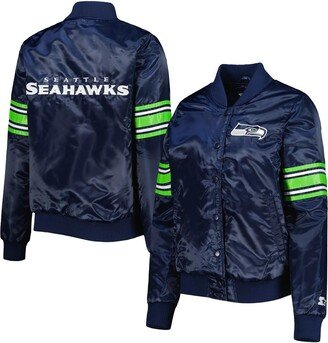 Women's Starter College Navy Seattle Seahawks Line Up Satin Full-Snap Varsity Jacket