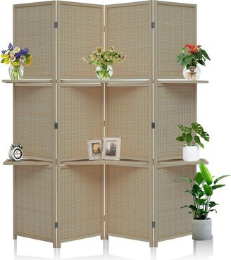 Kinsuie 71” Tall Room Divider with Shelves, 4 Panel Privacy Screen, Bamboo Folding Screen with Removable Storage Display - 71