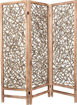 Contemporary 3 Panel Wooden Screen with Willow Branch Inset - 69 H x 2 W x 60 L Inches