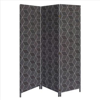 71 Inch 3 Panel Fabric Room Divider with Geometric Print - Black - 71 H x 47 W x 2 L Inches