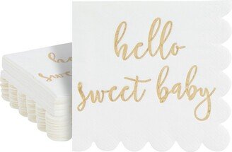 Juvale 50 Pack White Scalloped Baby Shower Napkins for Girls and Boys, Gold Foil Hello Sweet Baby Decorations, 5 x 5 In