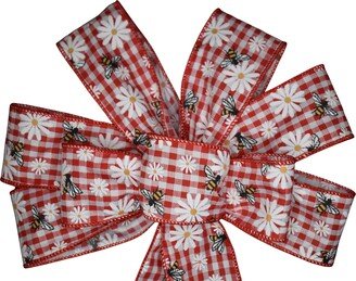 Bees & Daisies On Red White Check Wired Wreath Bow