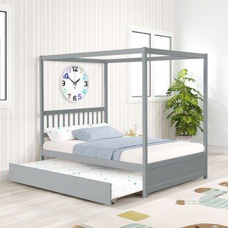 TONWIN Solid Pine Wood Bed Frame, Full Bed with Twin Trundle