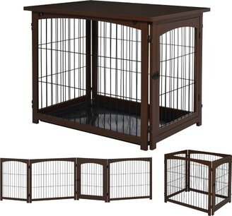 Wooden Decorative Dog Cage Pet Crate with Fence Side Table Small Animal House and Tabletop, Brown