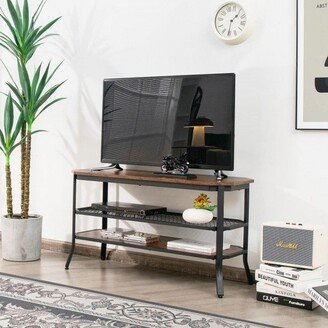 3-tier Console Table TV Stand with Mesh Storage Shelf-Rustic Brown - 39.5 x 16 x 22