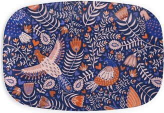 Serving Platters: Swedish Folk Art Birds - Blue Serving Platter, Blue