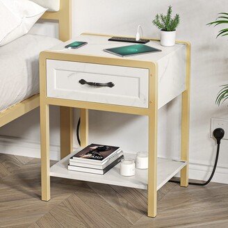 CatheLi Nightstand with Charging Station and Storage Drawer