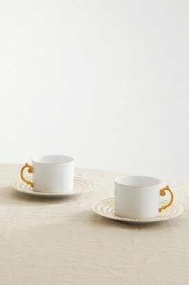 Perlée Set Of Two Gold-plated Porcelain Teacup And Saucers - White