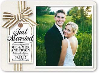 Wedding Announcements: Just Married Ribbon Wedding Announcement, White, Pearl Shimmer Cardstock, Rounded