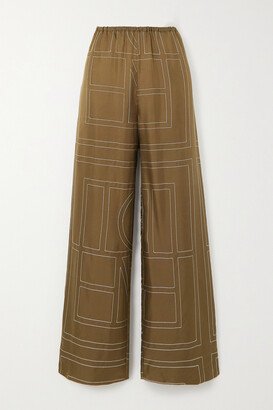 Embroidered Silk-twill Wide-leg Pants - Brown