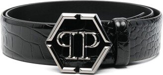 Hexagon Logo-Buckle Leather Belt-AA