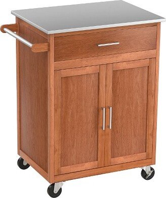 Wood Kitchen Trolley Cart Stainless Steel Top Rolling Storage Cabinet Island