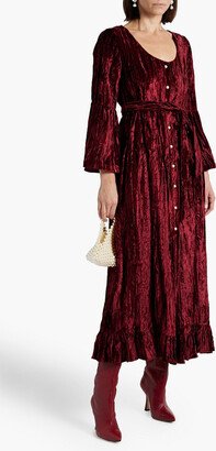 Avery belted crushed-velvet midi dress