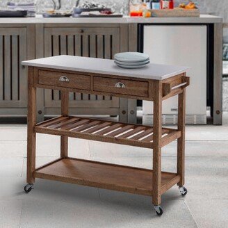2 Drawers Wooden Frame Kitchen Cart with Metal Top and Casters, Gray