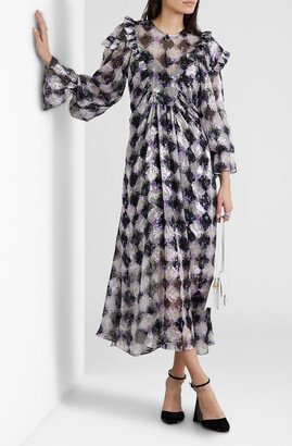 Mystic ruffled printed devoré-satin midi dress