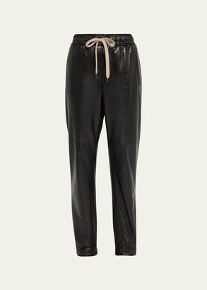 Glossy Napa Leather Track Pants with Elasticated Waist-AA