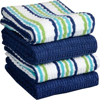 Solid and Stripe Waffle Kitchen Towel, Set of 4 - Cool, Blue