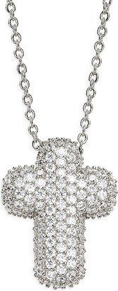 Rhodium Plated & Cubic Zirconia Puffy Cross Pendant Necklace