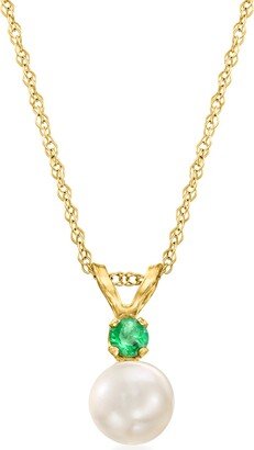 RS Pure by Ross-Simons 5-5.5mm Cultured Pearl and Emerald-Accented Pendant Necklace in 14kt Yellow Gold