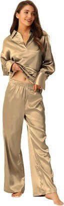 cheibear Womnes Satin Outfits Pajamas Collar V Neck Tops with Pants Csaual Lounge Sets Khaki Large