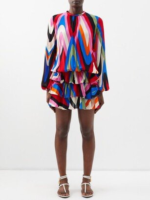 Moire-print Ruffled Crepe Mini Dress