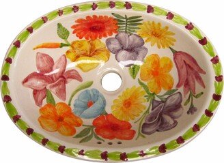 Mexican Talavera Sink Oval Drop in Handcrafted Ceramic - Flowers 16x12