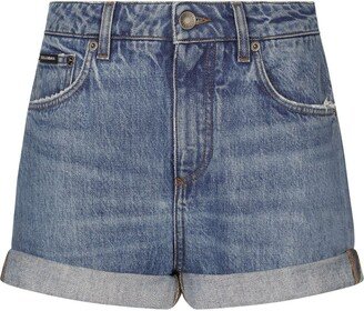 Logo-Plaque Washed Denim Shorts