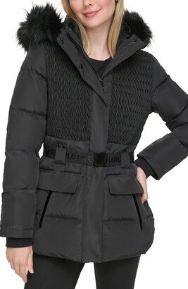 Smocked Belted Ski Puffer Jacket with Faux Fur Hood