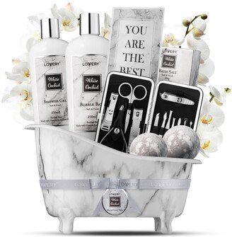 Lovery Self Care Gift Basket, White Orchid Care Package, Bath and Body Gift Set, Pampering Package, 20 Piece