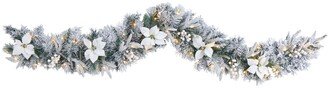 Flocked Poinsettia and Berry Artificial Christmas Garland with 50 Warm Led Lights, 6'