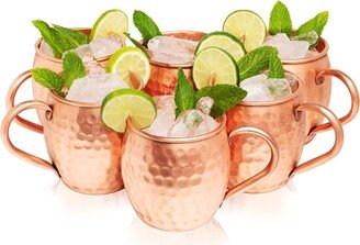 Pure Copper Moscow Mule Mugs Set Of 6 | 16Oz | Lacquered Hammered Finish, Smooth Rounded Lip, Ergonomic Handle | No Rivet