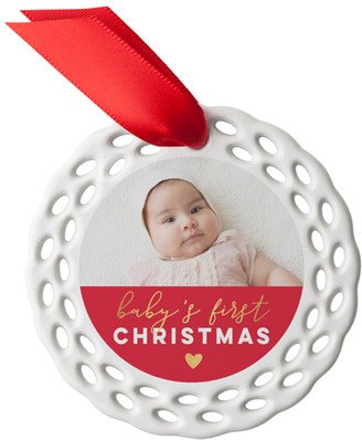 Ornaments: Baby's First Christmas Heart Ceramic Ornament, Red, Circle