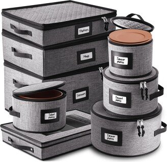 Storagebud 8 Piece Hard Shell Complete Dinnerware Storage set - Holds 12 Servings of Plates, cups, Platters, stemware and cutlery - Grey black