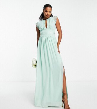 TFNC Petite Bridesmaids chiffon maxi dress with lace detail in sage