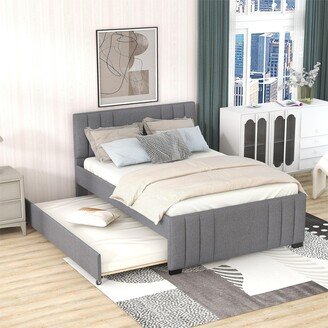 RASOO Multifunctional Grey Linen Platform Bed with Trundle and Headboard - Easy Assembly