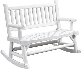 2-Person Wood Rocking Chair with Log Design, Heavy Duty Loveseat with Wide Curved Seats for Patio, Backyard, Garden, White