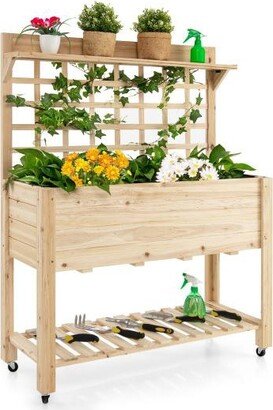 Slickblue Wooden Raised Garden Bed with Wheels Trellis and Storage Shelf