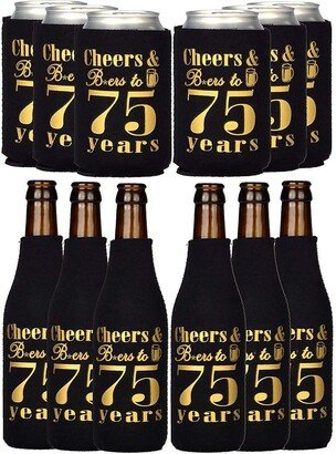 Meant2tobe Men's 75th Birthday Black & Gold Neoprene Can Coolers - Insulated Bottle Sleeves for Beer & Soda - Slim, Classy Design Personalized Party Favors - Bla