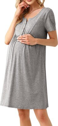 KOJOOIN Womens Maternity Dress Short Sleeve Midi Summer Dresses Nursing Casual Solid Color Button Down Breastfeeding Dress Clothes Grey S