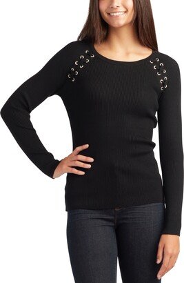 Juniors' Grommet-Seam Ribbed Sweater