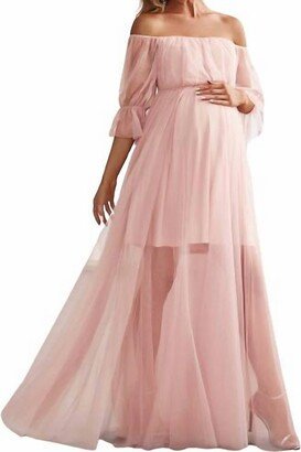 Ever-Pretty A Line Puff Sleeves Mesh Maternity Dress In Pink