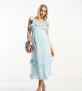 Hope & Ivy Maternity textured spot frill midi dress in duck egg blue