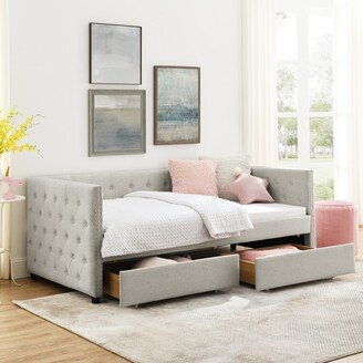 Sunmory Twin Size Linen Upholstered Daybed with Two Storage Drawers with Button and Copper Nail on Square Arms