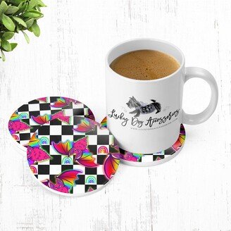 Rainbow Checkerboard Bat Sandstone Table Coaster