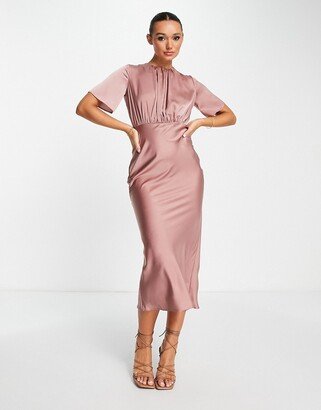 Bridesmaid satin maxi dress with flutter sleeves and open back in toffee