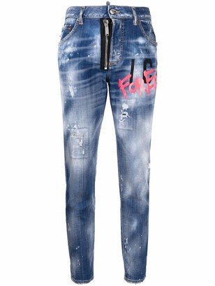 Distressed-Effect Logo-Print Jeans