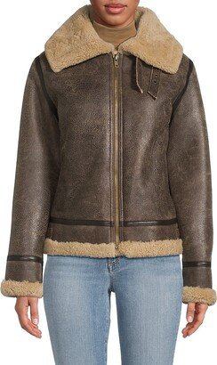 Shearling Trim Leather Biker Jacket