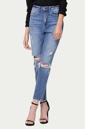Comfort Stretch High-Rise Distressed Mom Jeans In Hollow